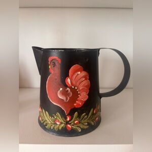 Vintage Toleware Rooster Chicken Hand-painted Decorative Primitive Pitcher